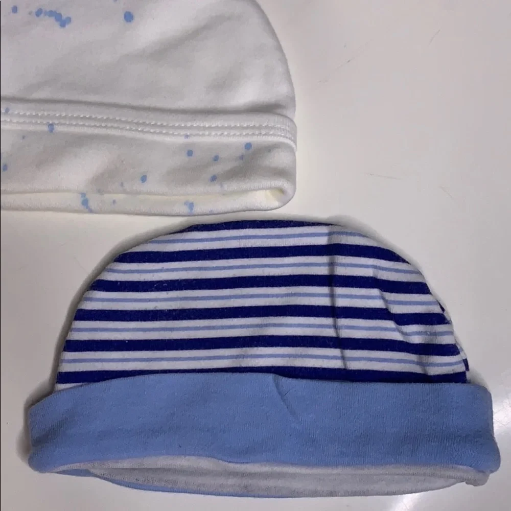Two blue cotton stretch knit newborn hats beanie blue white